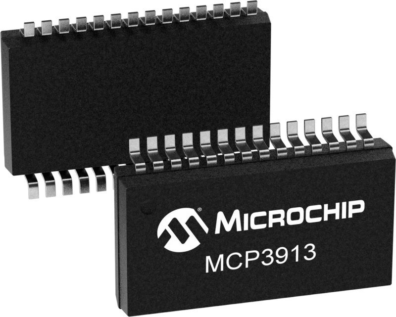 Image of a microchip labeled MCP3913, showcasing its intricate design and electronic components.