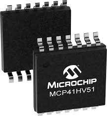 Image of a microchip labeled MCP41HV51, showcasing its intricate design and electronic components.