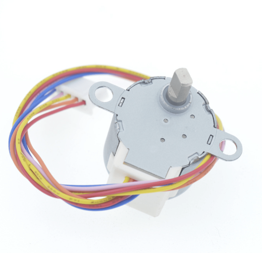 A close-up view of a stepper motor featuring various wires, set against a plain white background for clarity and focus.