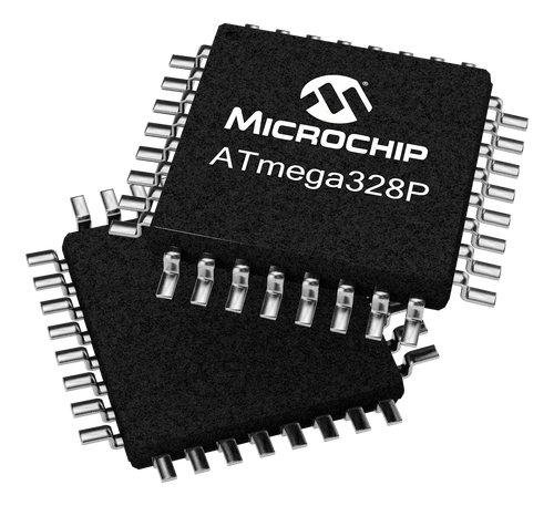 A close-up view of an ATmega328P microcontroller microchip, showcasing its intricate circuitry and compact design.