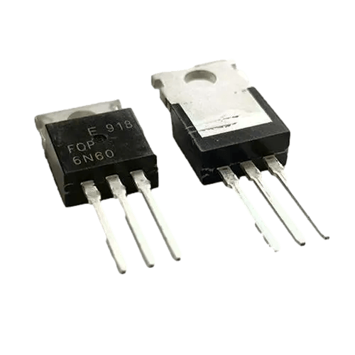 A pair of 60-volt power transistors positioned on a black background, emphasizing their structure and electrical specifications.