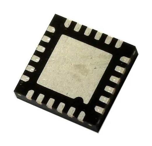 A small electronic chip placed on a clean white background, showcasing its intricate design and compact size.