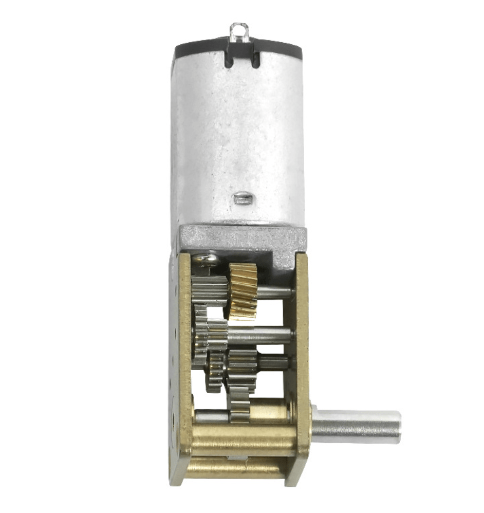 A small motor with visible gears, set against a clean white background, showcasing its mechanical components.