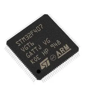 An STM32F407VGT6 microcontroller chip displayed prominently on a clean white background, highlighting its features and design.