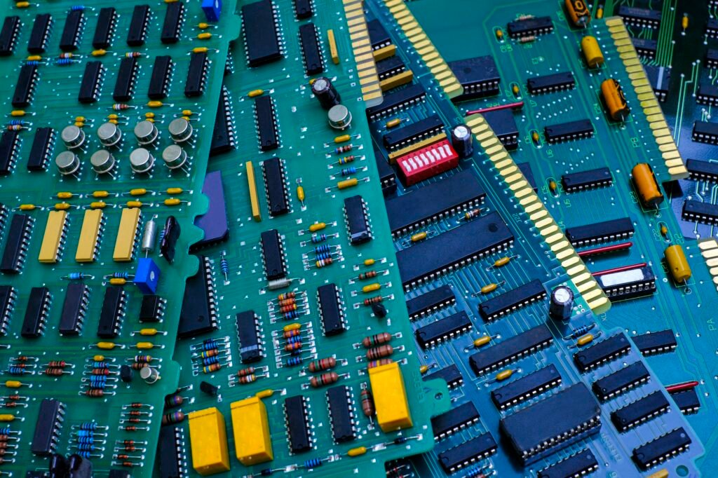 Electronic circuit board ( PCB ) components detail and An integrated circuit ( ic )