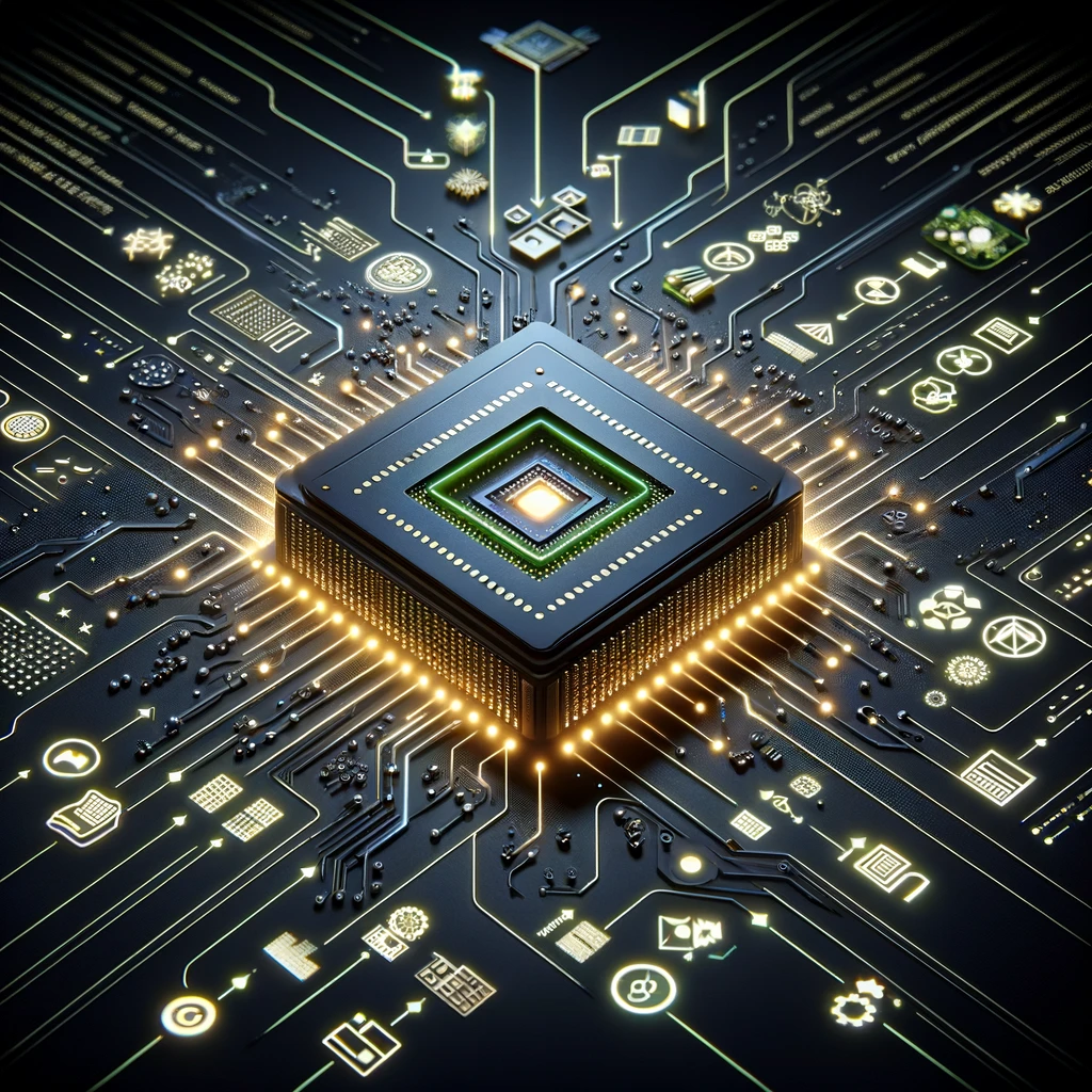 A central processing unit (CPU) positioned at the center of a detailed circuit board, showcasing intricate electronic connections.