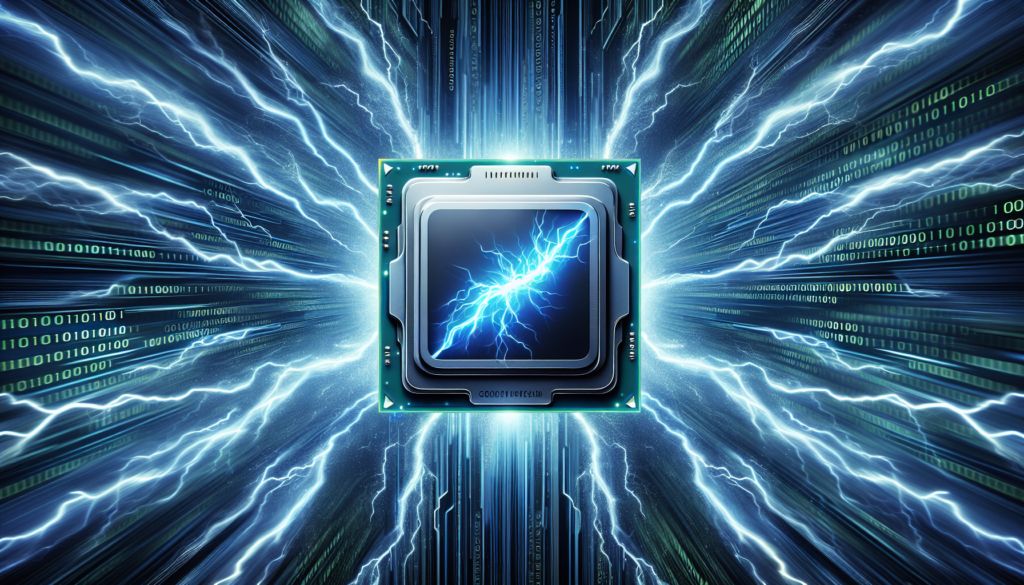 A computer chip emitting bright lightning bolts, symbolizing power and advanced technology in a dynamic visual display.