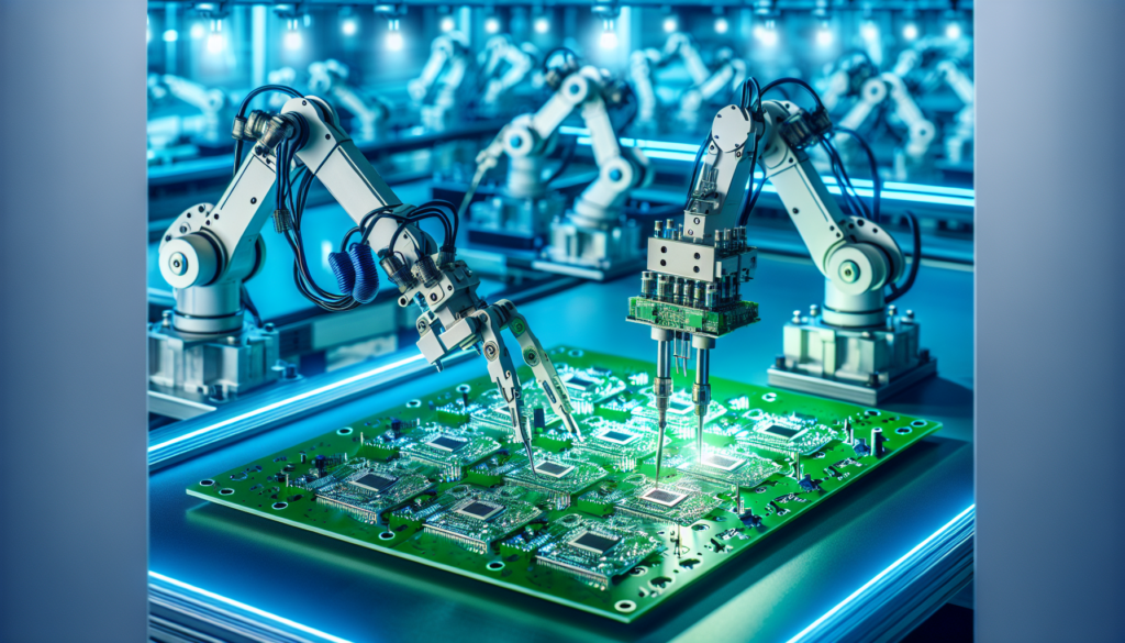 Robots assembling components on a circuit board within a modern factory setting, showcasing advanced automation technology.