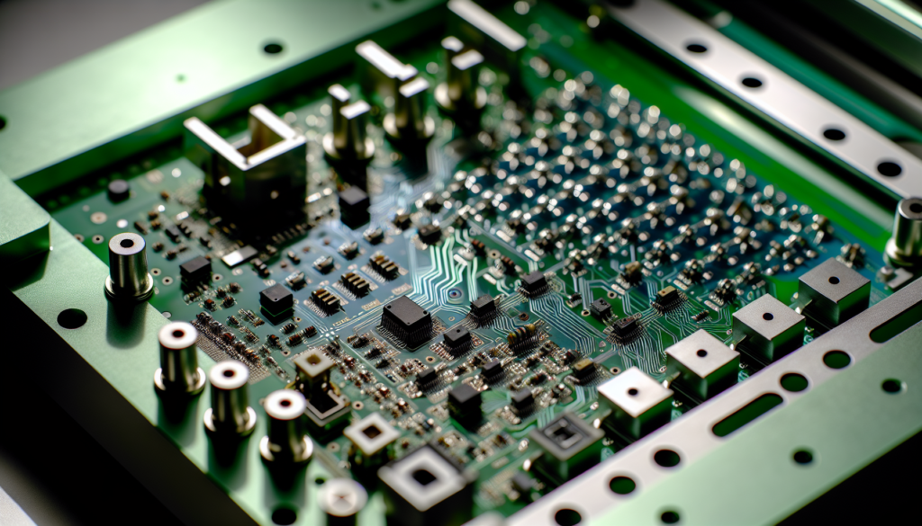 Close-up view of a circuit board filled with numerous electronic components, highlighting its complex design and structure.