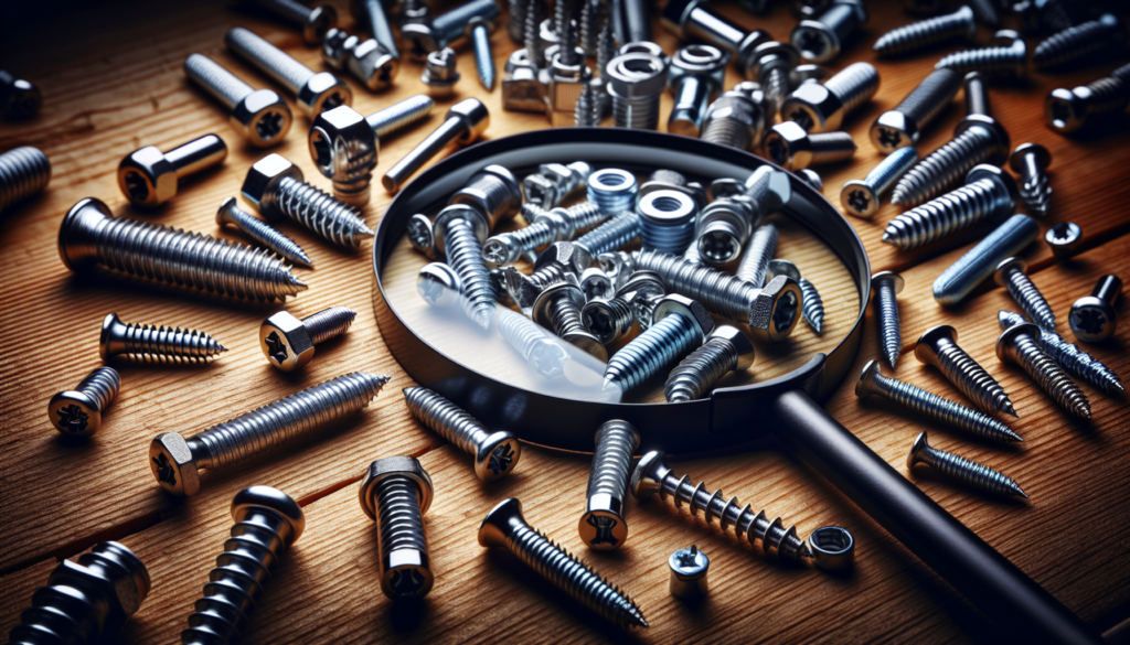 A collection of screws and nuts arranged on a wooden table, showcasing their metallic textures against the wood grain.