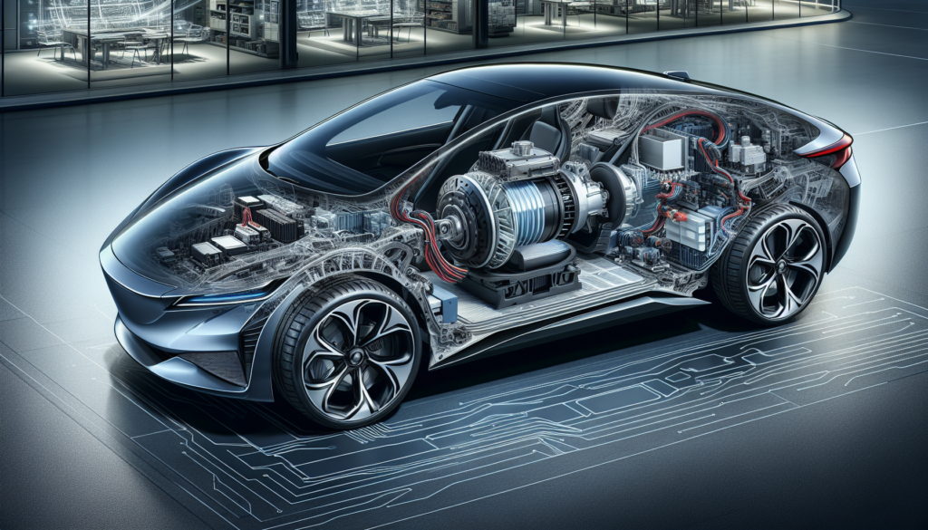 Car displayed with its engine and components, showcasing innovative automotive design and technology.