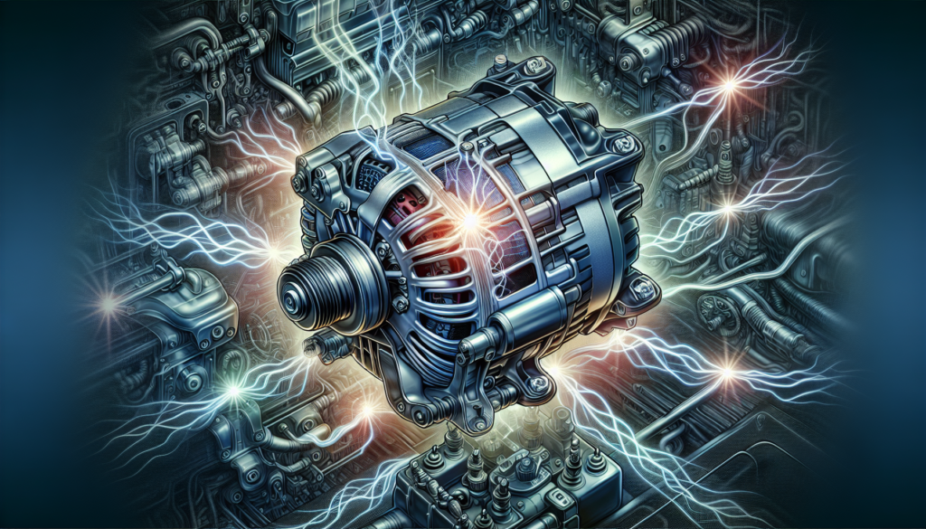 A car alternator surrounded by dynamic lightning bolts, symbolizing energy and power in automotive systems.