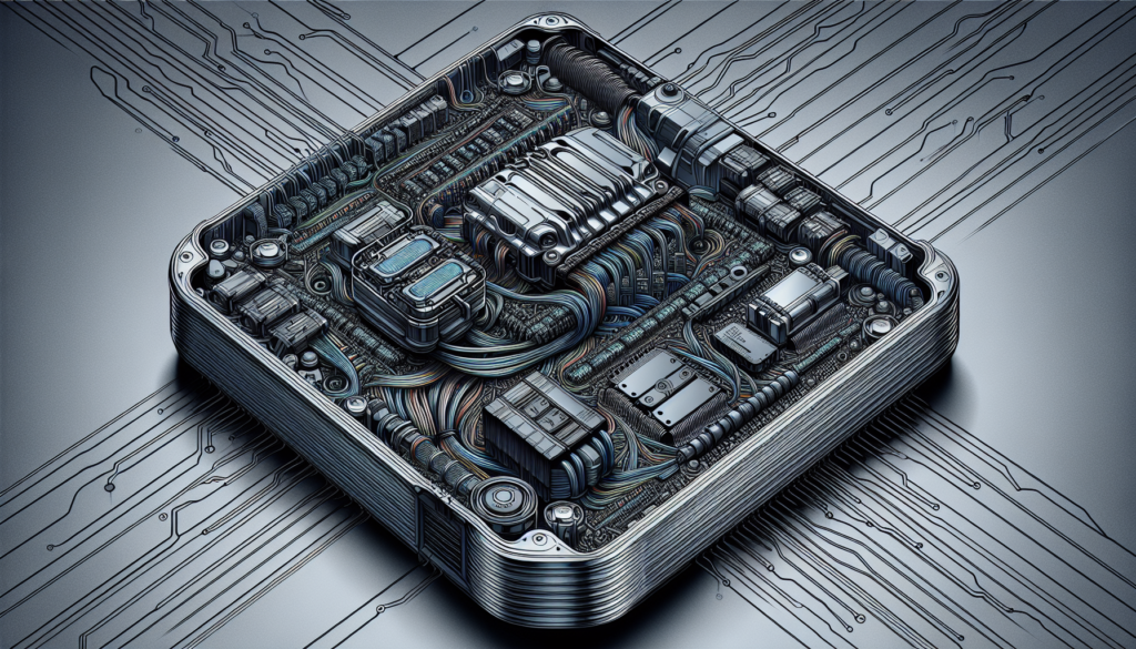 A close-up view of a computer chip resting on a reflective metal surface, showcasing intricate circuitry and design.