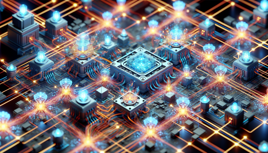 A close-up of a computer chip illuminated by vibrant, glowing lights, showcasing intricate circuitry and technology.