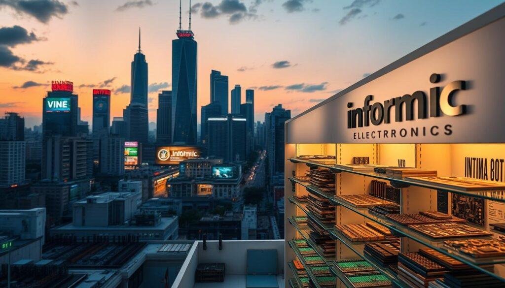 A bustling Asian city skyline at dusk, with towering skyscrapers and neon-lit billboards. In the foreground, a modern, well-lit electronics showroom with the "Informic Electronics" logo prominently displayed. Inside, shelves are stocked with a diverse array of electronic components, from microchips to circuit boards, all meticulously organized. The scene is bathed in a warm, golden light, creating a sense of productivity and technological innovation. The image conveys the thriving nature of the Asian electronics distribution industry, ready to serve the needs of the global market.