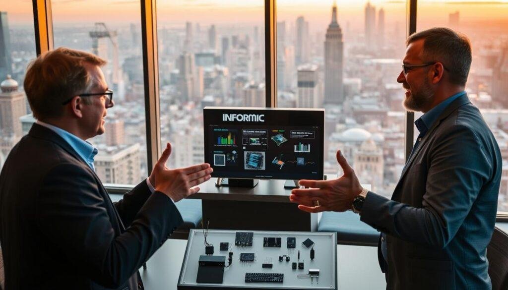 A bustling conference room at the headquarters of Informic Electronics, a prominent component supplier. In the foreground, two European buyers engage in an animated discussion, gesturing expressively as they explore potential collaboration opportunities. The middle ground features a sleek display showcasing Informic's latest product innovations, capturing the buyers' attention. In the background, a panoramic view of the city skyline, bathed in warm, golden-hour lighting, sets the stage for this crucial supplier-buyer interaction. The atmosphere exudes professionalism, trust, and a shared vision for mutually beneficial partnerships.