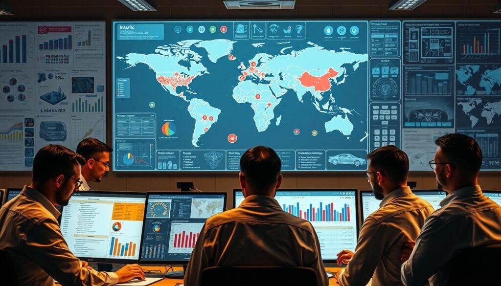 A bustling office setting showcasing the supplier evaluation process for Informic Electronics. In the foreground, a team of engineers and procurement specialists meticulously review supplier data, comparing quality metrics, delivery times, and cost structures on a large interactive display. In the middle ground, a world map highlights the global reach of Informic's supplier network, with various icons denoting supplier locations and performance. The background features an array of technical diagrams, CAD models, and supply chain analytics, all illuminated by warm, focused lighting that creates a sense of diligence and professionalism. The overall atmosphere conveys the rigor and attention to detail that Informic applies to navigating the sourcing process for high-quality automotive ICs.