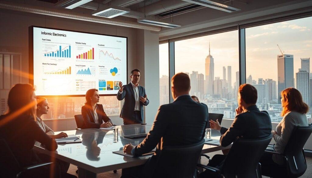 A bustling office space, bathed in warm, natural light filtering through large windows. In the foreground, a team of Informic Electronics employees collaborate around a sleek conference table, discussing growth strategies and brainstorming ideas. Colorful infographics and market analytics data are projected on a screen behind them, informing their decision-making. In the middle ground, an executive stands at the head of the table, gesturing animatedly as they present a detailed business plan. The background features a cityscape of towering skyscrapers, symbolizing the company's global reach and ambitious expansion. The atmosphere is one of focused determination and boundless potential, capturing the essence of "Driving Business Growth through Tailored Solutions."