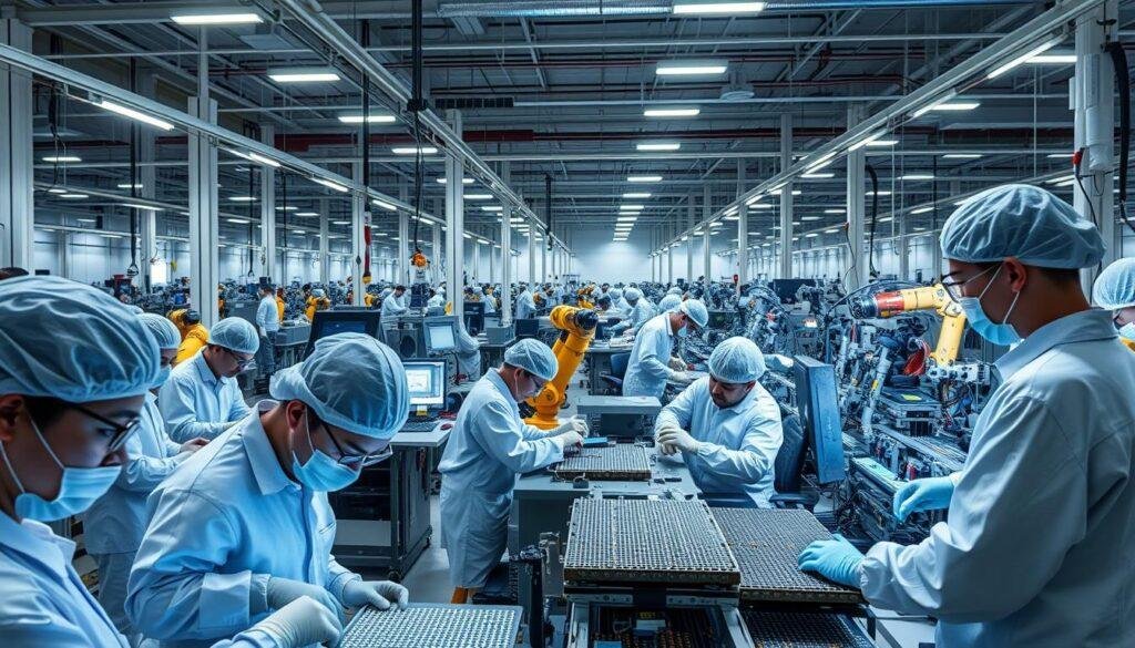 A bustling semiconductor manufacturing facility, the Informic Electronics workforce hard at work. In the foreground, engineers in clean-room suits meticulously inspect silicon wafers under bright LED lighting. In the middle ground, technicians monitor complex machinery, navigating a maze of whirring robotic arms. The background reveals an expansive production floor, its high ceilings dotted with industrial lighting casting long shadows. A sense of urgency pervades the scene, as the team strives to meet surging demand amidst labor shortages and capacity challenges. The atmosphere is one of technical precision, teamwork, and the relentless pursuit of innovation.