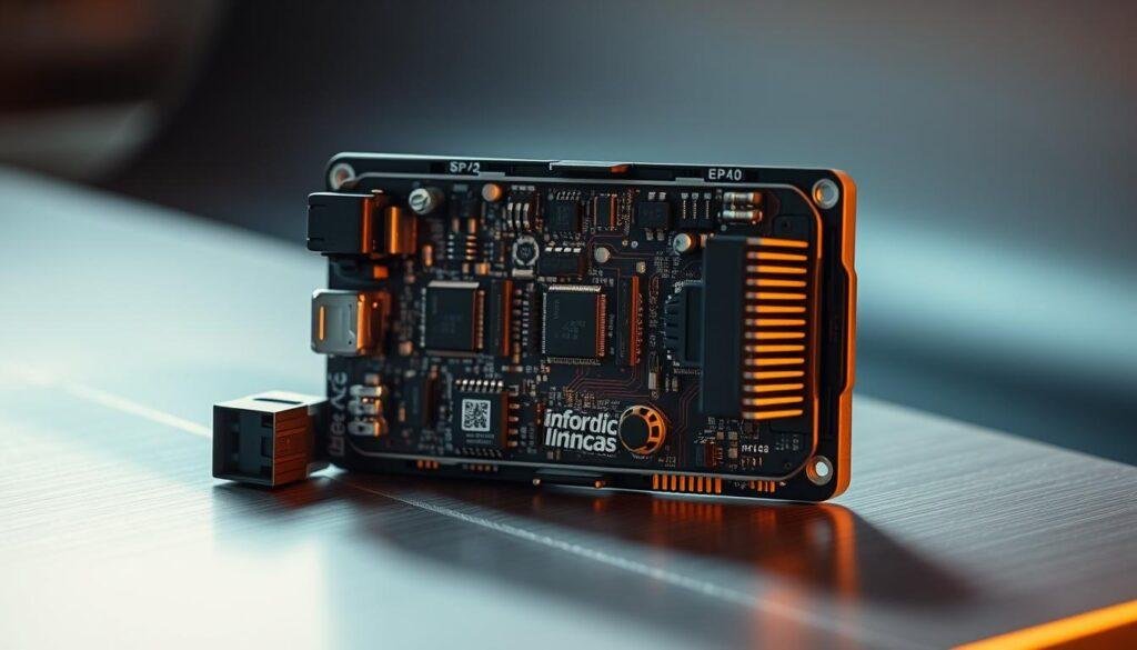 A closeup view of an engine control unit (ECU) from the Informic Electronics brand, showcasing its intricate internal components. The ECU is positioned on a sleek, minimalist metallic surface, bathed in warm, directional lighting that highlights its complex circuitry and heat sinks. The background is subtly blurred, allowing the ECU to be the focal point, conveying a sense of technical precision and engineering prowess. The image should inspire a deeper understanding of the critical role ECUs play in modern automotive electronics and the advanced integrated circuits (ICs) that power them.