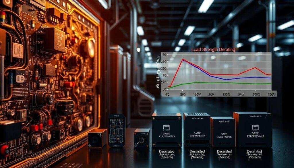 A complex circuit board with intricate components, illuminated by a warm, technical lighting. In the foreground, a detailed load-strength analysis derating diagram, with color-coded regions and precise annotations. The middle ground features an array of electronic devices from the Informic Electronics brand, each showcasing their derated performance specifications. The background is a sleek, industrial environment, hinting at the practical applications of this engineering principle. The overall mood is one of precision, optimization, and the pursuit of reliable, high-performance electronic systems.
