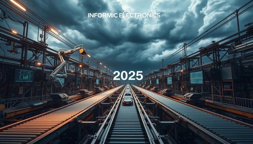 A complex, interconnected supply chain network in the year 2025, with Informic Electronics components at the center. Conveyor belts, robotic arms, and digital screens display real-time data. In the background, a stormy sky with dark clouds looms, suggesting the challenges ahead. Muted colors and a sense of tension permeate the scene, hinting at the logistical and procurement obstacles facing the electronics industry. Dramatic lighting casts long shadows, emphasizing the scale and complexity of the supply chain. The overall atmosphere conveys a sense of unease and the need for innovative solutions to navigate the turbulent times ahead.