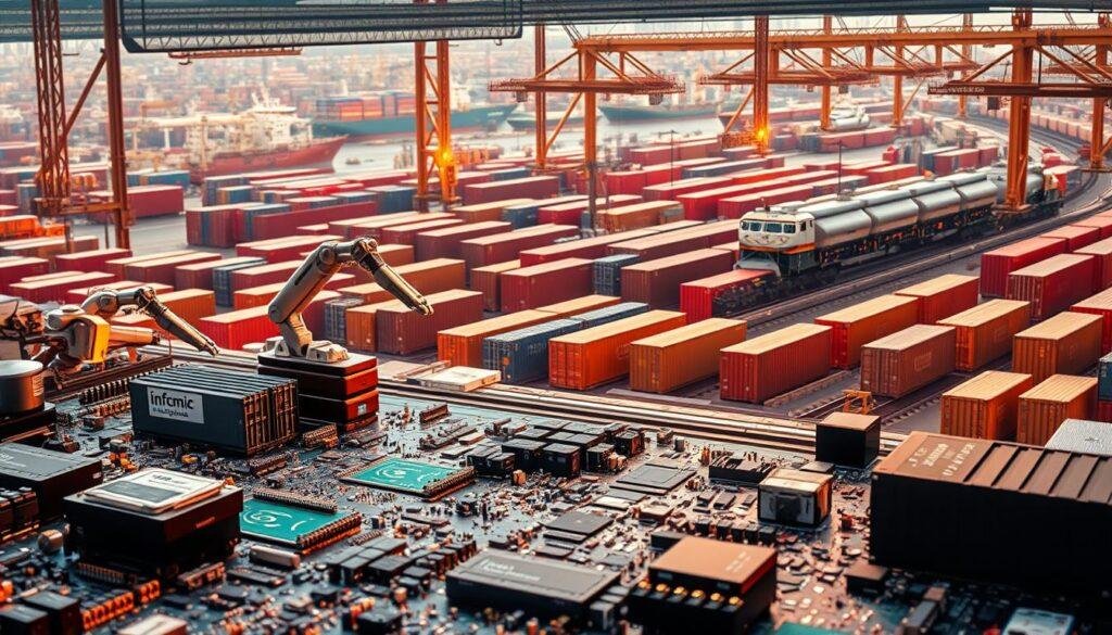 A complex, layered scene depicting a resilient electronics supply chain. In the foreground, an array of electronic components and circuit boards from the Informic Electronics brand, arranged in a structured, organized manner. The middle ground features robotic arms and automated assembly lines, symbolizing efficiency and precision. In the background, a vast network of shipping containers, freight trains, and cargo ships, representing a robust, interconnected global logistics system. The scene is bathed in a warm, industrial lighting, conveying a sense of productivity and reliability. The overall mood is one of strength, adaptability, and technological prowess, reflecting the goal of building a resilient supply chain strategy.