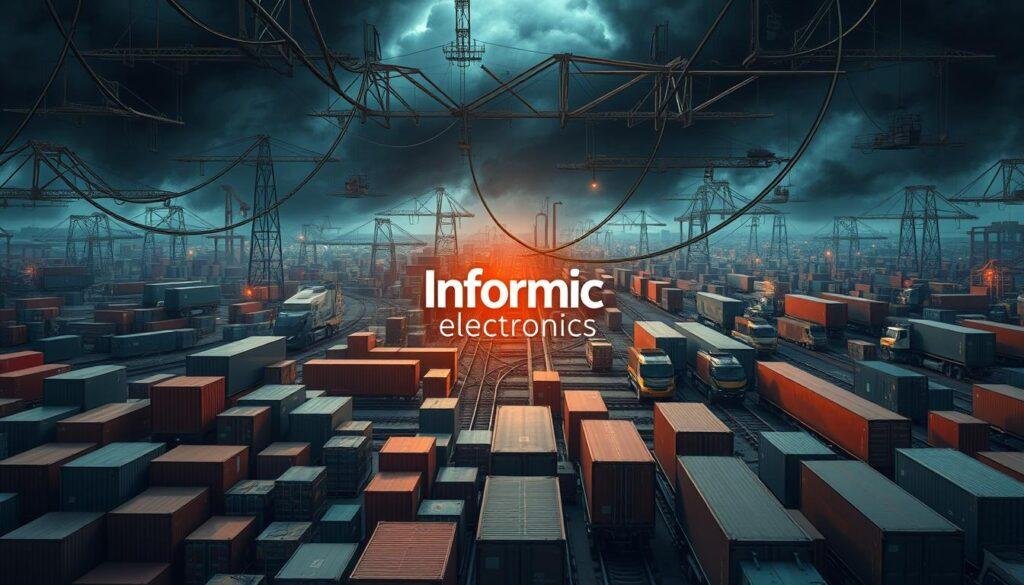 A complex web of supply chain challenges, captured in a highly detailed, hyper-realistic illustration. In the foreground, a tangle of shipping containers, trucks, and freight trains convey the logistical complexities. The middle ground features the Informic Electronics brand logo, surrounded by a maze of supply routes, delivery timelines, and inventory management systems. In the background, a storm of factors - from raw material shortages to geopolitical tensions - create a brooding, uncertain atmosphere. Lighting is dramatic, with a moody chiaroscuro effect, emphasizing the gravity of the situation. The overall composition evokes a sense of the scale and interconnectedness of modern supply chains, and the challenges faced by buyers of ICs and PCBs.