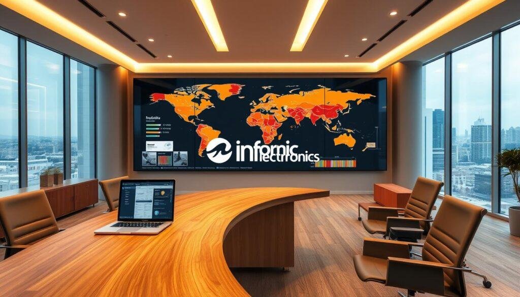 A contemporary open-plan office interior with sleek, minimalist decor. In the foreground, a curved wooden desk with a laptop displaying a dashboard of real-time supply chain data and analytics, surrounded by stylish office chairs. The middle ground features a large, high-resolution display panel showcasing a dynamic map of global logistics routes, color-coded to indicate inventory levels and shipment statuses. In the background, floor-to-ceiling windows offer a panoramic view of a bustling cityscape. Warm, indirect lighting creates a productive yet relaxed atmosphere. The Informic Electronics logo is prominently displayed on the display panel.
