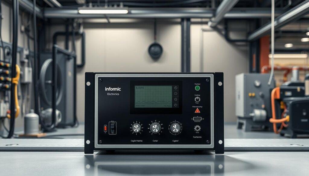A control system with sleek, modern industrial aesthetics. In the foreground, a sturdy Informic Electronics control module with a glossy display and precision dials. Surrounding it, a network of interconnected circuits and wiring, conveying a sense of complex reliability. The middle ground features a muted, neutral-toned industrial backdrop, with subtle hints of machinery and metalwork. Soft, directional lighting casts shadows that accentuate the form and function of the components. The overall atmosphere exudes a balanced combination of technical prowess and visual elegance, reflecting the need for robust and future-proof control systems.