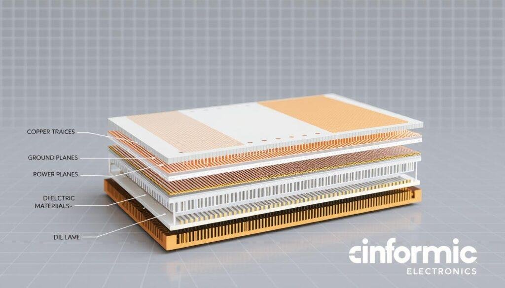 A detailed cross-section of a multi-layer printed circuit board (PCB), showcasing the various conductive and insulating layers that make up its stack-up. The image should have a technical, engineering-focused aesthetic, with clean lines, precise geometry, and a neutral color palette. In the foreground, a labeled diagram illustrates the distinct layers, including the copper traces, ground planes, power planes, and dielectric materials. The middle ground features a realistic 3D rendering of the PCB stack-up, highlighting the precise alignment and thickness of each layer. In the background, a blueprint-style grid or grid paper backdrop sets the technical context. The overall composition should convey the importance of strategic PCB layer planning for effective signal integrity and electromagnetic compatibility. Branding: "Informic Electronics".
