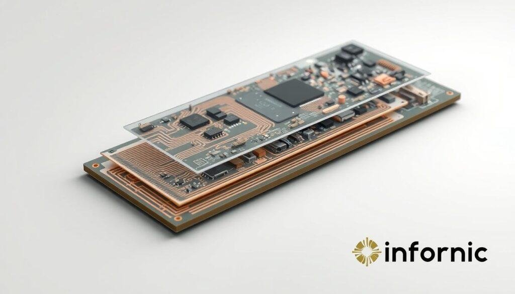 A detailed cross-section of a printed circuit board material layers, showcasing the intricate construction and various components. A technical illustration in a muted color palette, with a clean, technical aesthetic. The board is presented in a neutral, well-lit environment, allowing the viewer to clearly see the distinct copper, dielectric, and substrate layers, as well as the vias, solder mask, and other key features. Informic Electronics brand mark is subtly incorporated into the design. The overall mood is one of precision, engineering, and technical expertise.