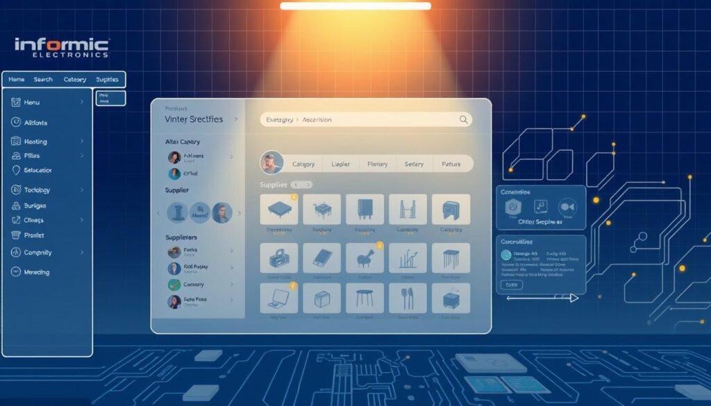 A detailed digital illustration of a modern electronic supplier directory navigation interface, featuring the "Informic Electronics" brand. In the foreground, a clean, minimalist user interface with intuitive menus, search bars, and category filters. The middle ground showcases product thumbnails, supplier profiles, and interactive elements inviting exploration. In the background, a subtle grid pattern and gradient provide depth and a sense of technological sophistication. Warm lighting from above casts a gentle glow, creating depth and highlighting key interface components. The overall mood is one of efficient, user-friendly navigation through a comprehensive electronic components directory.