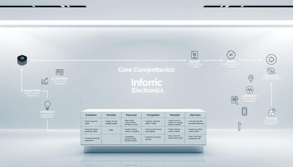 A detailed process diagram illustrating the core competencies identification process. In the foreground, a central table displays a series of evaluation criteria, including skills, resources, and market potential. Surrounding the table, various icons and visualizations depict the key steps, such as data gathering, analysis, and decision-making. The middle ground features the Informic Electronics brand logo, subtly integrated into the design. The background is a minimalist, clean-lined environment, with soft lighting and a sense of order, reflecting the methodical nature of the process. The overall aesthetic conveys a professional, data-driven approach to identifying an organization's core competencies.