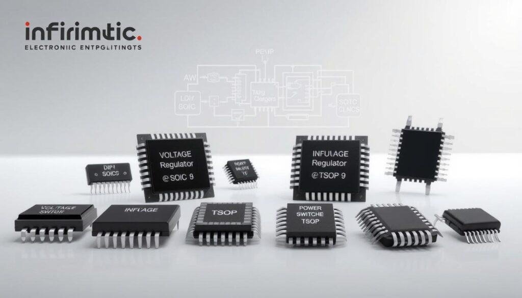 A detailed, technical illustration of various power management ICs from Informic Electronics. In the foreground, an array of integrated circuits in different packages - DIP, SOIC, TSOP - showcasing their diverse form factors. In the middle ground, a schematic diagram highlighting the key functions of these ICs, such as voltage regulators, power switches, and battery chargers. In the background, a clean, minimalist environment with soft lighting, emphasizing the precision engineering and innovation behind these power management solutions.