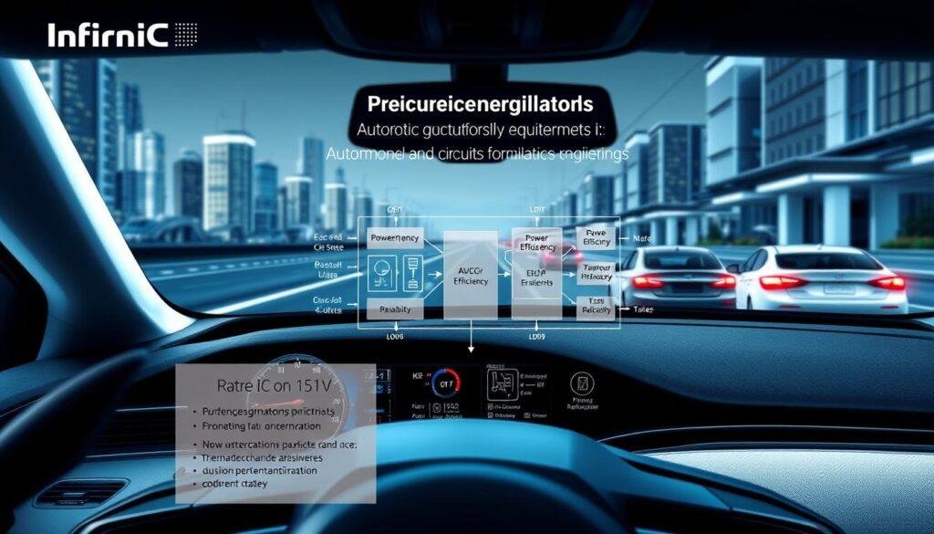 A detailed technical illustration showcasing the performance requirements for automotive integrated circuits (ICs) from Informic Electronics. In the foreground, a sleek, modern automotive dashboard with various electronic components. The middle ground features a schematic diagram highlighting key IC parameters such as power efficiency, temperature range, and reliability. In the background, a futuristic cityscape with autonomous vehicles, reflecting the advanced technology needed for modern automotive applications. The lighting is crisp and the overall mood is one of precision engineering and innovation.