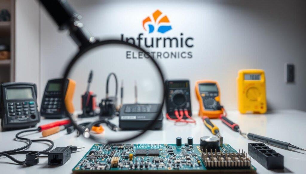 A detailed technical inspection of electronic components on a clean, well-lit workbench. In the foreground, a magnifying glass hovers over a circuit board, revealing intricate details. In the middle ground, various tools and instruments stand ready - multimeters, soldering irons, and precision tweezers. The background showcases the Informic Electronics brand logo, signifying the quality control protocols used to authenticate genuine parts. Bright, directional lighting casts sharp shadows, creating a sense of focus and professionalism. The overall mood is one of meticulous attention to detail, ensuring the integrity of the electronic supply chain.