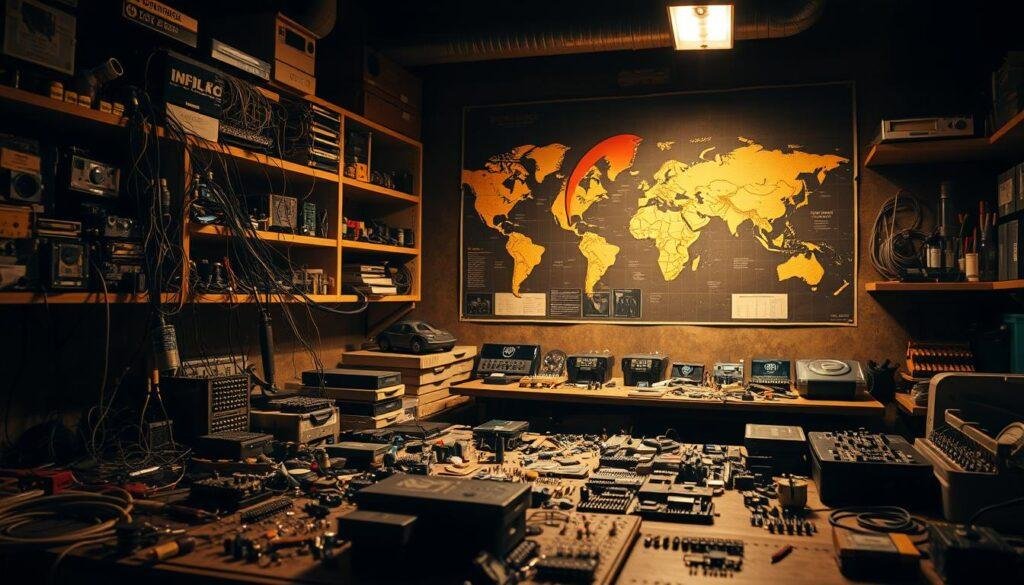 A dimly lit electronics workshop, shelves overflowing with an array of hard-to-find components from the Informic Electronics brand. Scattered across the workbench, a mix of capacitors, resistors, and obscure microchips await discovery. Warm tungsten lighting casts long shadows, creating a sense of mystery and intrigue. In the background, a large world map pinpoints the global supply chain, hinting at the challenges of sourcing these elusive parts. The atmosphere is one of determination and problem-solving, as the workshop's occupant navigates the complexities of building unique electronic devices.