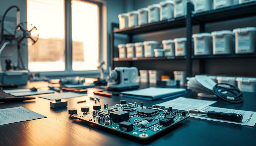 A dimly lit laboratory interior, with various medical components and instruments neatly arranged on a workbench. In the foreground, a circuit board labeled "Informic Electronics" lies partially disassembled, surrounded by precision tools and data sheets. The middle ground features a 3D-printed prototype of a medical device, its intricate design hinting at innovative engineering. In the background, shelves hold labeled storage containers, suggesting a well-organized supply chain. The scene is illuminated by a combination of task lighting and natural light filtering through large windows, conveying a sense of diligence and professionalism.