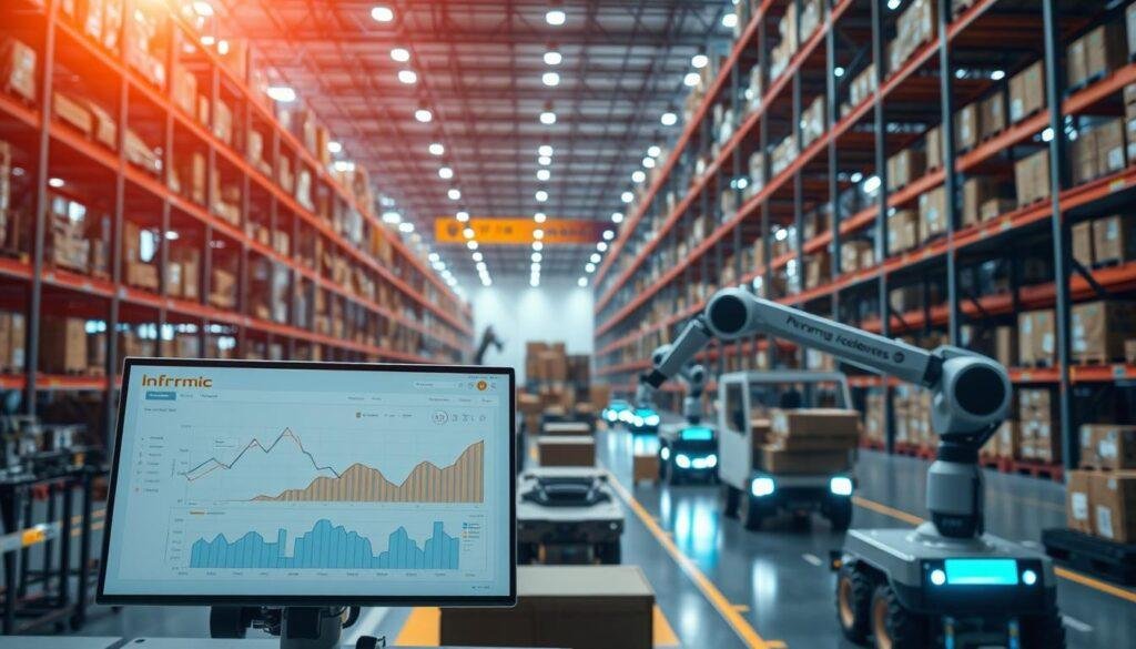 A dynamic, well-lit scene showcasing the latest supply chain technology solutions. In the foreground, a sleek, minimalist Informic Electronics dashboard displays real-time data and analytics, providing a clear overview of the entire supply chain. In the middle ground, robotic arms efficiently sort and package components, while autonomous vehicles seamlessly transport goods. The background features a futuristic, high-tech warehouse with towering racks and glowing digital interfaces, creating an atmosphere of innovation and efficiency. Crisp, cinematic lighting and a slightly low camera angle convey a sense of power and progress in the world of international trade.