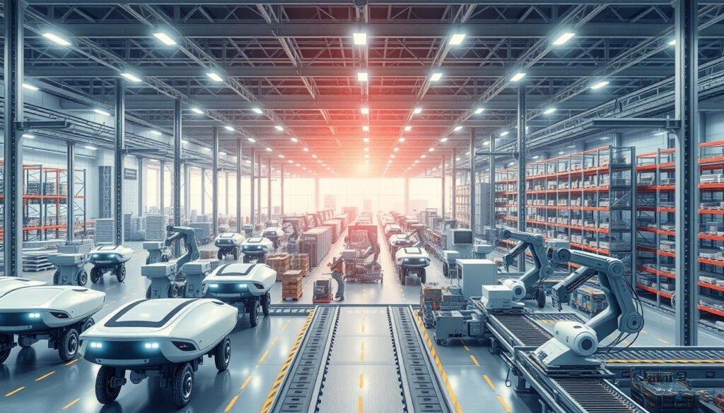 A futuristic industrial facility with state-of-the-art supply chain optimization solutions. In the foreground, a fleet of autonomous delivery vehicles and robotic arms efficiently sorting and transporting electronic components. In the middle ground, a vast, high-tech warehouse with towering shelves and a complex network of conveyor belts. The background features a panoramic view of the Informic Electronics campus, with sleek, modern buildings and advanced logistics infrastructure. Bright, directional lighting illuminates the scene, creating a sense of efficiency and technological prowess. The overall atmosphere conveys the power of Informic's supply chain expertise and logistics solutions.