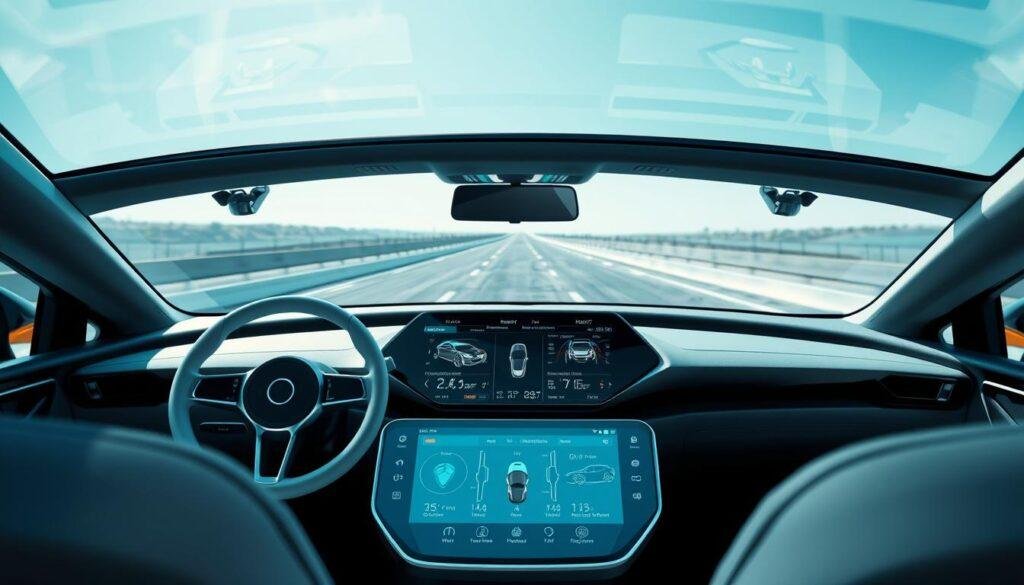 A futuristic vehicle dashboard showcasing cutting-edge Informic Electronics safety systems. In the foreground, a sleek, high-resolution digital display presents an array of real-time driving data and advanced driver assistance features. The middle ground features a minimalist, touch-sensitive control panel with intuitive icons for seamless interaction. In the background, a panoramic windshield offers a expansive, crystal-clear view of the road ahead, complemented by discreet sensor arrays and cameras that monitor the vehicle's surroundings. The overall scene exudes a sense of technological sophistication, safety, and driver-centric design.