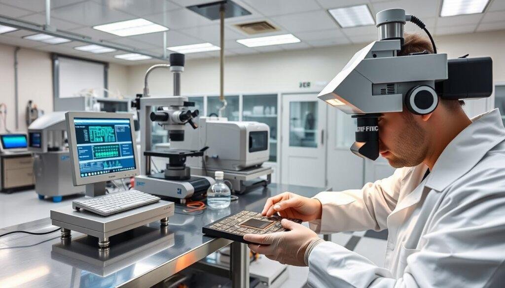 A gleaming microchip laboratory, the Informic Electronics facility. Crisp lighting illuminates stainless steel workstations and high-tech measurement devices. In the foreground, a technician in a white lab coat carefully inspects a silicon wafer under a precision microscope, analyzing circuit patterns and component quality. In the middle ground, automated testing equipment performs rigorous diagnostics, probing the chip's electrical signals and thermal characteristics. The background reveals a clean room environment, filtered air, and stringent safety protocols - ensuring the strictest quality control standards for every Informic Electronics IC chip.