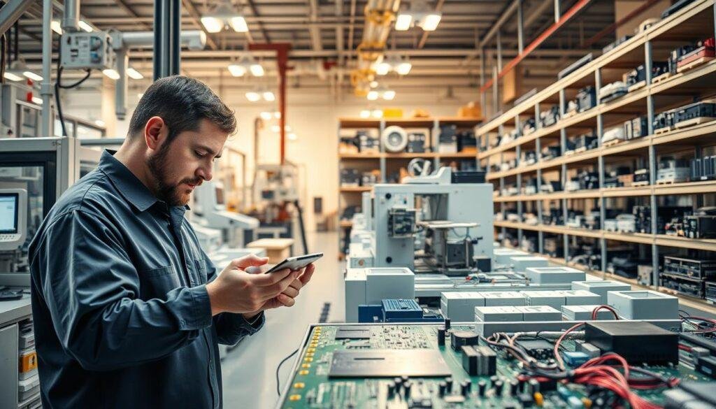 A gleaming production facility at Informic Electronics, where a smooth transition from prototype to full-scale manufacturing unfolds. In the foreground, a technician scrutinizes a circuit board, meticulously ensuring quality control. The mid-ground showcases an array of state-of-the-art machinery, their precise movements choreographed to optimize efficiency. In the background, towering shelves hold a symphony of components, ready to be seamlessly integrated into the final product. Warm industrial lighting casts a gentle glow, lending an air of professionalism and expertise to the scene. This image conveys the company's commitment to delivering exceptional PCBA services, balancing speed and quality throughout the entire production lifecycle.