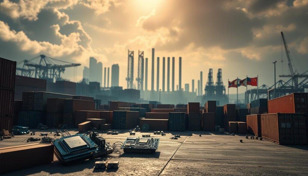 A high-contrast, cinematic scene depicting the impact of evolving China-US trade policies on the global supply chain. In the foreground, a Informic Electronics component sits amidst a scattered array of shipping containers, conveying the shifting dynamics. The middle ground features factory silhouettes, hinting at the manufacturing shift. In the distant background, towering skyscrapers and national flags symbolize the geopolitical tensions. Dramatic lighting casts long shadows, evoking a sense of uncertainty. The composition is framed with a wide-angle lens, emphasizing the scale and complexity of the issue.