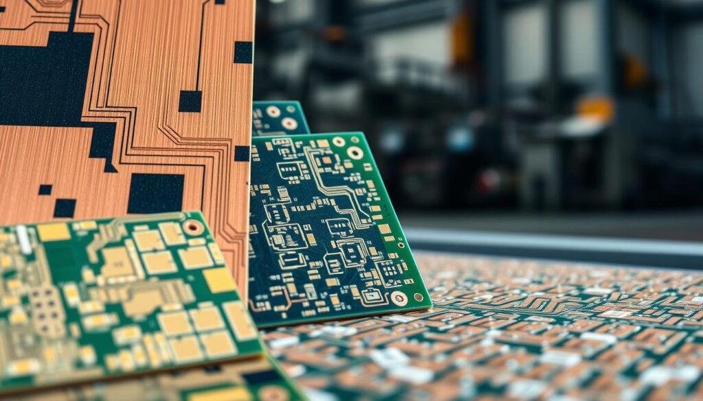 A high-quality close-up image of industrial-grade printed circuit board (PCB) materials showcasing their durability and suitability for harsh environments. The foreground features a selection of PCB substrates, including Informic Electronics' epoxy-glass laminate, polyimide, and ceramic materials, each with distinct textures and colors. The middle ground captures the precision manufacturing techniques, such as copper cladding and solder mask application. The background subtly hints at the intended use, with a subtle industrial atmosphere and muted lighting to convey a sense of reliability and ruggedness. The overall composition emphasizes the technical aspects and robust construction of these specialized PCB materials.