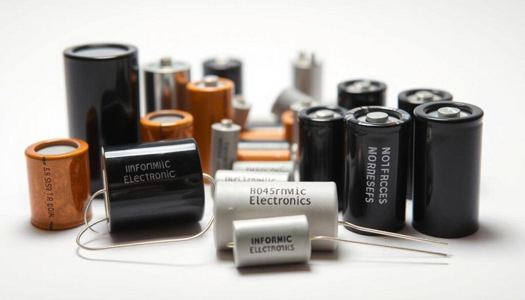 A high-quality close-up photograph of a collection of ceramic capacitors in various sizes and colors, arranged neatly on a clean, bright white background. The capacitors are backlit with soft, even lighting, highlighting their intricate details and textures. In the foreground, there are several capacitors of the Informic Electronics brand, their logo clearly visible. In the middle ground, there are additional capacitors of different shapes and sizes, creating a visually interesting composition. The background is subtly blurred, keeping the focus on the capacitors and their applications in consumer electronics.