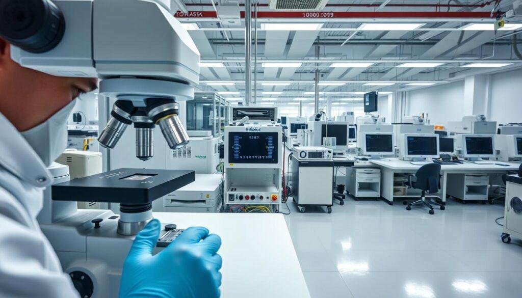 A high-quality macro photograph of an IC chip packaging verification process at the Informic Electronics manufacturing facility. The foreground shows a technician in a clean room carefully inspecting an integrated circuit package under a high-powered microscope, checking for any defects or abnormalities. The middle ground depicts various test equipment and measurement instruments used to validate the chip's electrical and physical characteristics. The background features a clean, well-lit environment with an array of Informic Electronics-branded equipment and workstations, conveying a sense of precision and technical expertise.