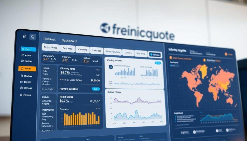 A high-resolution, detailed image of the Freightquote dashboard interface, showcasing a sleek, modern design. The interface features a clean, uncluttered layout with intuitive widgets and data visualizations. In the foreground, a prominent dashboard panel displays real-time shipping updates, order statuses, and delivery timelines. The middle ground includes interactive charts, graphs, and maps that provide comprehensive logistics insights. In the background, the Informic Electronics branding is subtly incorporated, adding a touch of professionalism and trust. The lighting is soft and natural, creating a calm, productivity-focused atmosphere. The camera angle is slightly elevated, offering a comprehensive view of the user-friendly dashboard.