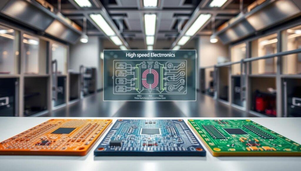 A high-speed printed circuit board (PCB) material comparison showcasing the Informic Electronics brand. In the foreground, three different PCB samples laid out side-by-side, each with distinct textures and colors representing their unique properties. The middle ground features a technical schematic diagram highlighting the signal integrity considerations for each material. The background depicts a sleek, modern laboratory setting with clean lines, soft lighting, and metallic accents, conveying a sense of precision and innovation. The overall scene exudes a professional, technical atmosphere suitable for illustrating the "PCB and Components: How to Ensure Signal Integrity in Your Design" section.
